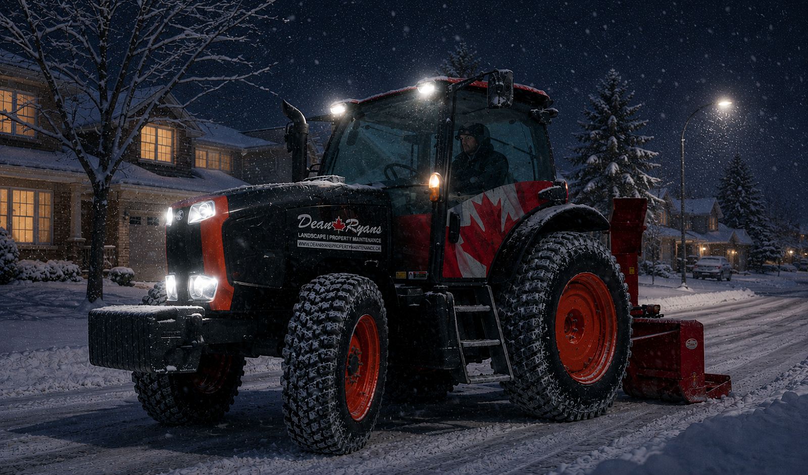 Dean Ryans tractor clearing snow at night