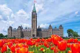 Parliament Hill in Ottawa with spring tulips